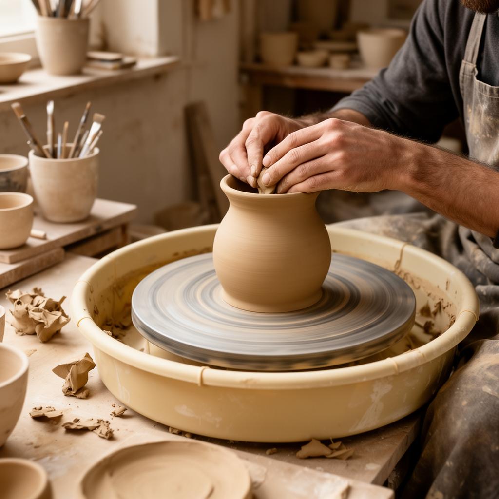 Hands shaping a ceramic piece on a pottery wheel
